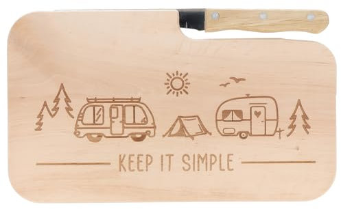 Spruchreif | Brotzeitbrett mit Messer Keep it simple – Graviertes Holzbrett mit Camping-Motiv | Geschenk für Minimalisten, Camper & Outdoor-Liebhaber