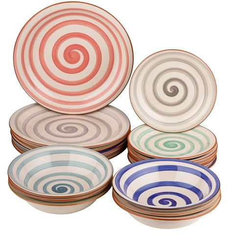 Baroni Home Vajilla de 18 piezas de cerámica, juego de vajilla decorada para 6 personas, plato hondo, llano, fruta o postre (Estilo espiral)