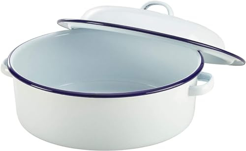 Falcon Enamel Roasting Casserole Pan with Lid Round Roaster Dish Bowl Houseware Kitchen Veg Meat Tray Self Basting Oven Baking White 20cm