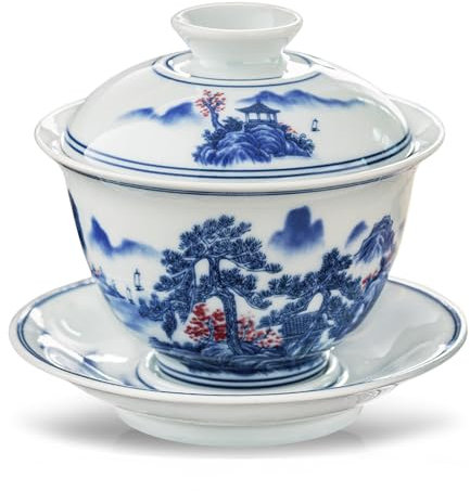 fanquare Gaiwan Azul y Blanco Tazón de Té Sancai Tradicional Chino de Porcelana Pinos Verdes con Tapa Juego de Taza de Té y Platillo Vintage 160ML