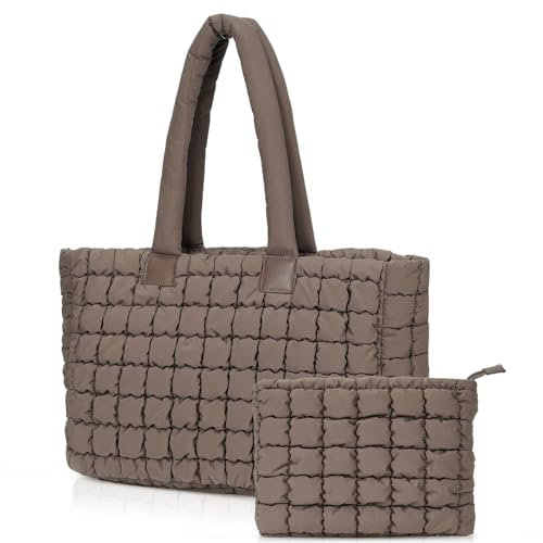 ACUYE Quilted Puffer Tote Bag for Women Puffy Laptop Tote Handbag Shoulder Purse with Compartments Padding Work Bag