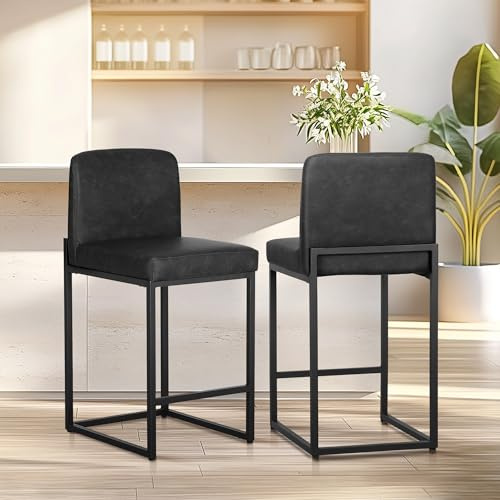 ALPHA HOME Schminkhocker, Schminktisch Hocker, 2 Barhocker Tresenhocker | ürohocker, Küchenstühle mit Rückenlehne und Fußstütze, Robuster Metallrahmen, Moderne Bistrohocker Frühstückshocker, Schwarz