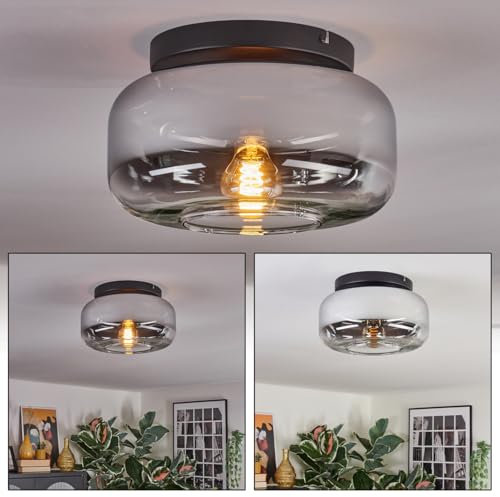 HOFSTEIN Deckenleuchte Boza, 1-flammige Deckenlampe aus Metall/Glas in Schwarz/Chrom-/Rauchfarben/Klar, Leuchte im Retro/Vintage-Design (Schirm Ø 28 cm), E27, Esszimmer, Wohnzimmer, Küche, Flur