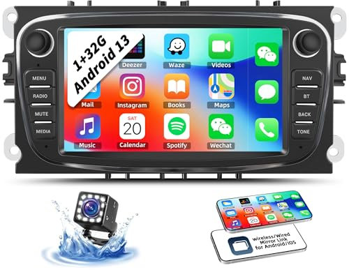 OiLiehu 1+32G Android 13 Car Stereo for Ford Focus C-Max S-Max Kuga Galaxy Mondeo, 7” IPS Touchscreen Car Radio with Bluetooth WiFi GPS Mirror Link FM/RDS Radio SWC EQ + Backup Camera