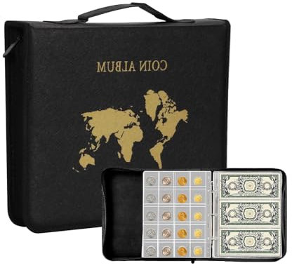 Álbum para Colección de Billetes y Monedas de Cuero,Album de la coleccion de Monedas,Contiene 240 Bolsillos para Monedas y 30 Bolsillos para Billetes,Álbum para Suministros de Colección Bills
