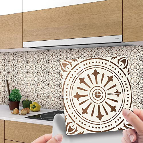 Piastrelle Adesive Cucina 20x20 cm Mandala Marrone Beige Piastrelle Adesive Bagno Impermeabile Pavimento pvc Adesivo Mobili Decorazione Mattonelle Adesive Antiolio Piastrelle Adesive (10 Pezzi)
