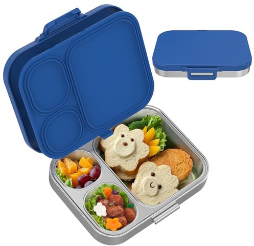 VITONIS 1000 ml Brotdose Kinder mit 3 Fächern Edelstahl, Bento Lunch Box mit Silikondeckel, Auslaufsicher, Spülmaschinenfest, Bento Box für Picknick Arbeit Reisen (Blau)