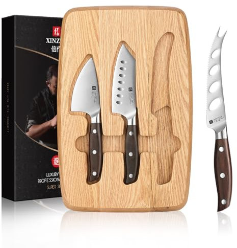 XINZUO Set de Couteau à Fromage -Planche à Fromage Multifonctionnelle -Plateau à Fromages en Chêne Rouge avec 3 Couteaux à Fromage en Acier Inoxydable -Planche à Fromage Magnétique-avec Boîte Cadeau