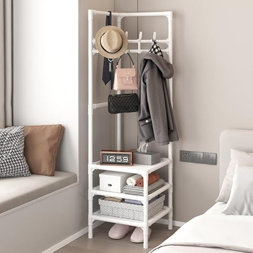 CUCKQUIC Porte-Manteau d'angle,Porte-Manteaux, Porte-Manteau sur Pied, Adapté À La Chambre À Coucher, Au Chevet du Salon, Cintre pour Vêtements, Organisation Pratique White,Three Floors