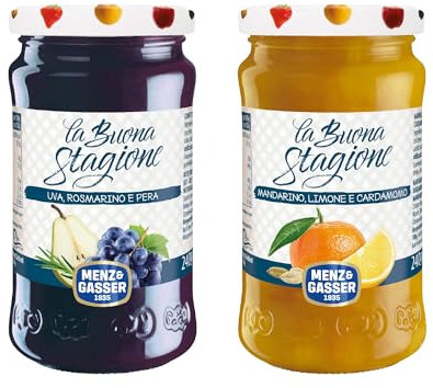 Menz&Gasser, Kit-Spalmabile 2x240g, 1 Uva, Pera e Rosmarino + 1 Mandarino, Limone e Cardamomo, Gusto Unico, Per Colazioni e Dessert, Ideale per Abbinamenti Gourmet
