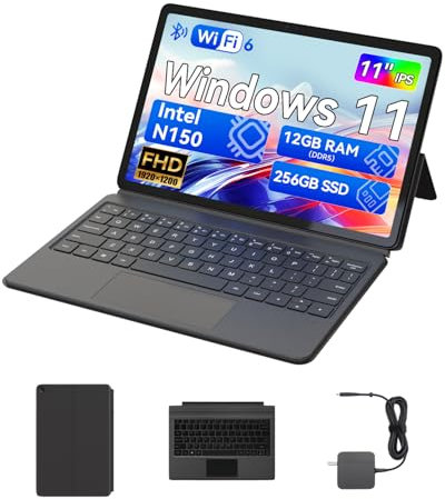 BNCF 11 Intel N150 2-in-1 Laptops, Windows 11 Touchscreen PC, 12GB RAM 256GB SSD, 1920x1200 IPS FHD Tablet USB-C/HDMI/SD WiFi 6, 34.2Wh Batería con Teclado magnético y Funda de Cuero