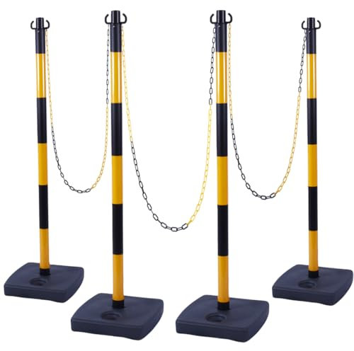 Vilmon Absperrpfosten Set gelb-schwarz 90,7 cm, Kettenpfosten mit 4 Pfosten + 3 Ketten - Für Crowd Control, Baustellenabsperrung & Veranstaltungen - Wetterfest