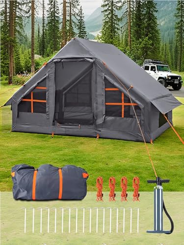 Inflatable Tents for Camping 2-4 Person - Easy Blow Up Glamping Tent with Hand Pump, Waterproof PVC Air Inflatable Tent House for Family Weekend Camping, Grey