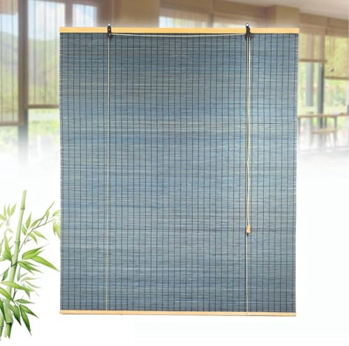 Sh000ad Bambus Jalousie Sichtschutz Sonnenschutz Bambusrollo,Natur Holzrollos,Fenster Rollo aus Bambus für Innen,95% Verdunkelung,für Tür & Fenster,Anpassbar Größe,Breite x Höhe (Blue,70cm x 190cm)