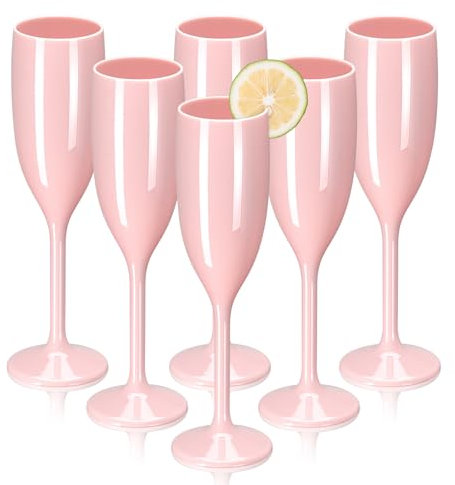 6 Pieces 5.4 OZ Plastic Pink Champagne Flutes Reusable Unbreakable Plastic Gin Glasses Wine Glasses Vintage Drink Glasses Water Goblets Weddings Baby Shower Birthday Parties