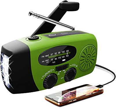 Wind up Solar Radio battery, torch, solar powered radio AM/FM/NOAA, with Solar Charging & Hand Crank & 2000mAh Battery Operated LED Flashlight Cell Charger Reading Lamp Yellow (Green)