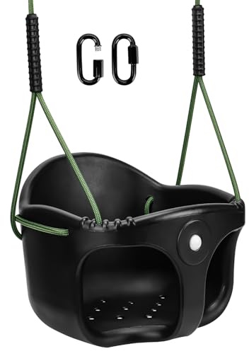 Baby Swing Seat, Childrens Replacement Swing Seat with Adjustable Rope and 2 Carabiners, Heavy Duty High Back Full Bucket Kid Swing Accessories Set for Garden Indoor Outdoor Backyard, Black