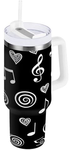 RPLIFE White Music Notes - Vaso de 1,2 l con asa, vasos de acero inoxidable con tapa, vaso de café de viaje