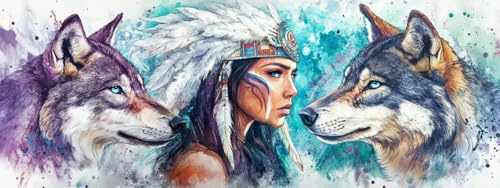 Bimkole Groß 5D Diamond Painting Kits Zubehör Indianischer Wolf, Frauen Diamant Malerei Kit Voll Runde Bohrer Malen nach Zahlen Malerei Stickerei Kreuzstich Diamond Dekoration 30x80 cm