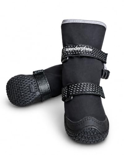 Wanderpfote Hundeschuhe im 4er-Pack – Wasserdichter Pfotenschutz für draußen mit Anti-Rutsch-Sohle, kuscheligem Fleece & reflektierenden Details (Schwarz, 1)
