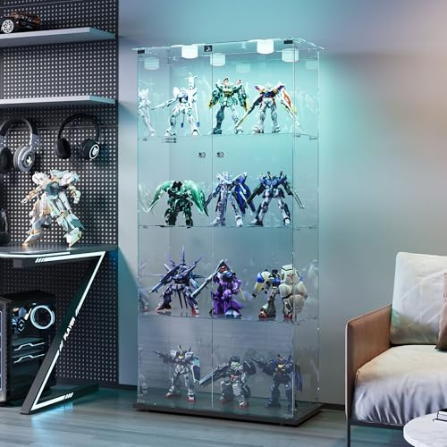 Vitrine Trempé pour Collection, Vitrine en Verre Noir avec LED et Serrure, Transparent Armoire Vitrines Sur Pied Moderne avec 4 Étagères et 2 Portes pour Salon, Chambre,Bureau et Salle, 164x80x35cm