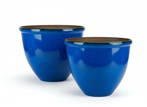 VISHCHIT Sanctuary Home & Garden Set of 2 Blue 30cm Glazed Effect Round Garden Plant Pot - Ceramic Glazed Modern Indoor Outdoor Planter