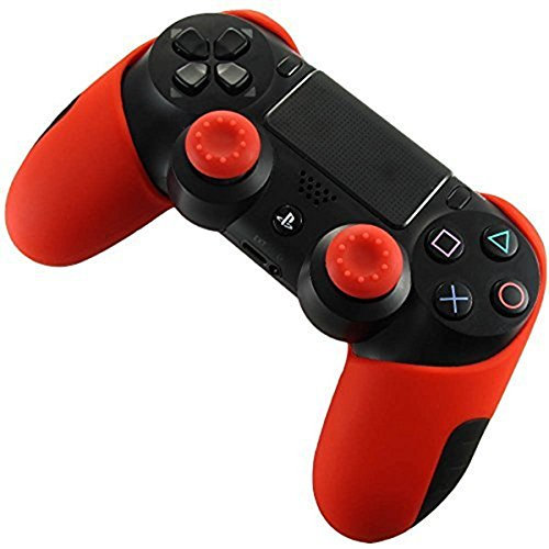 DOTBUY 1 x PS4 Dicker Hälfte Silikon Schutzhülle Sleeve + 2 Analog Cups Silikon Thumb Grips für Sony Playstation 4 Controller - Bundle (Red)