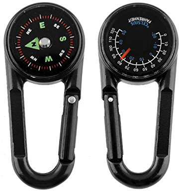 Kompass mit Karabinerhaken + Multifunktions-Thermometer, tragbar, aus Metall, für Wandern / Reisen / Camping, mit Vergrößerungslinse, professionell, 3 in 1, Schwarz