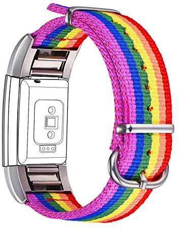Bandmax Kompatibel für Fitbit Charge 2 Armband, LGBT Gay Pride Regenbogen Nylon Gewebe Ersatzarmband mit Edelstahl Verbindungsstücke Wrist Armband Uhrenarmband für Fitbit Charge 2(Large size)