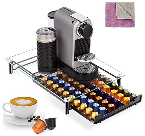 Masthome Kaffeekapsel Ständer, Kapseln Aufbewahrung für Nespresso-Kaffeekapseln, Oberseite aus Gehärtetem Glas Kapselständer mit Schubladen für 60 Kapseln, 1 Reinigungstuch Senden