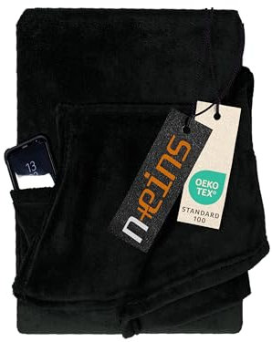 npluseins Decke mit Ärmeln Geschenke für Frauen und Männer 130x180 cm TV Deckenpullover Kuscheldecke das Original mit Ärmel & Bauchtasche 1448.2043, schwarz