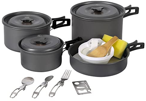 REDCAMP 23 PCS Camping Cookware Set for Family, Compact & Folding Backpacking Cookset for 4-5 Persons, Anodized Aluminum Lightweight Camping Pots and Pans Set for Camping, Hiking and Picnic