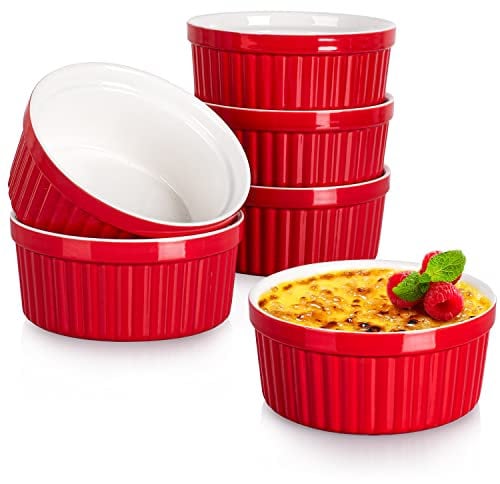 Delling Ramekins 12 Oz/Dessert Bowls, Ceramic Creme Brulee Set, Porcelain Souffle Dish Ramiken for Baking, Ice Cream, Snack, Small Serving Bowls Red Set of 6