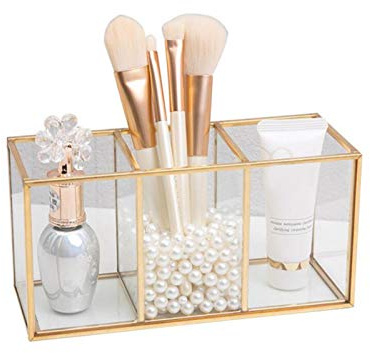 rangement pour pinceaux maquillage, étui à cosmétiques, organiseur maquillage, pinceaux, gobelet, verre transparent, avec 3 compartiments 18 x 7 x 9 cm
