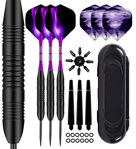 Darts-Set, 23 g, Stahlspitze, 3 Stück, professionelle Dartpfeile mit Aluminium-Schäften (+ 3 weitere Ersatzschäfte) und 2 Dart-Flights und Dart-Etui