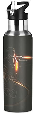 Vnurnrn Art Sport Balle De Basket-Ball Bouteille d'eau Isotherme avec Paille en Acier Inoxydable Gourde 600ML, Sans Bpa Gourdes Eau pour Enfant Sport Randonnée École Bureau