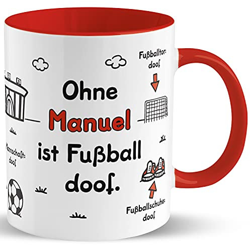 Sheepworld Fußball-Tasse »Ohne ... ist Fußball doof.« Tasse mit Wunschname, personalisiert (rot) | Porzellan, 32,5 cl | Geschenk Fußball, WM, EM, Bundesliga | L1445