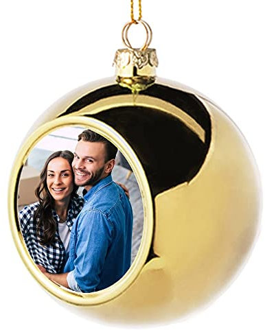 Ocadeau Personalisierbare Foto-Weihnachtskugel in Gold - Plastikkugel mit goldenem Aufhänger und Bändchen - Runder Fotodruck auf der goldenen Weihnachtskugel