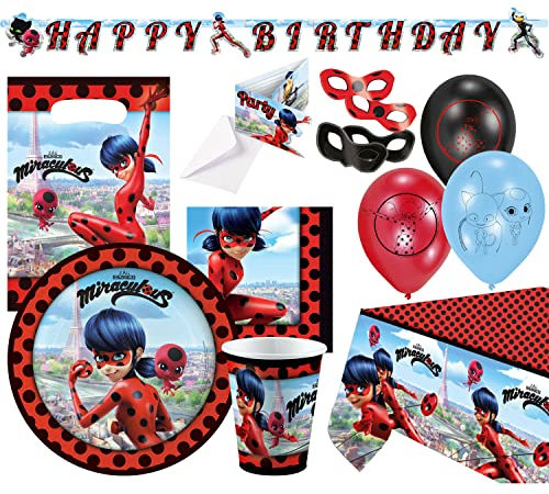 Amscan 9904039-66 Miraculous Kit de fête 60 pièces jetables et décoration Motif super-héros Pour anniversaire d'enfant
