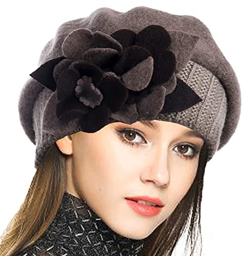 VECRY Damen 100% Wolle Französische Baskenmütze Blumen Strickmütze Schädelkappe Kleid Wintermütze (Khaki,M)