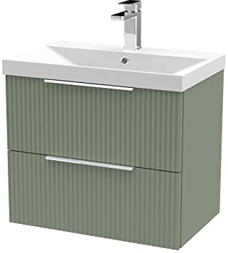 Hudson Reed DFF893D Fluted Modern Bathroom Wall Hung 2 Drawer Vanity Unit with Thin-Edge Ceramic Basin, Satin Green