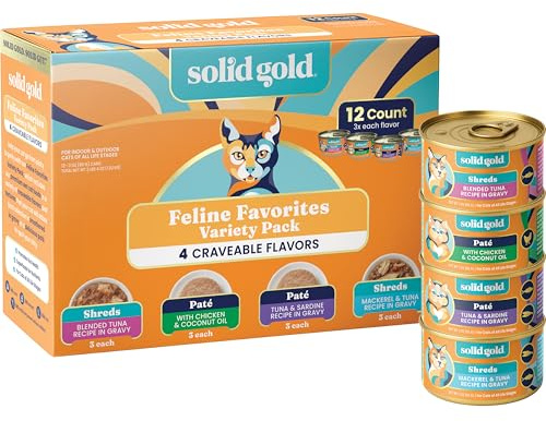Solid Gold Wet Cat Food Variety Pack - Pate & Shreds in Gravy - Healthy Canned Cat Food Pate w/Real Chicken, Tuna, Mackerel & Sardine - Grain Free & Gluten Free Can Meals for Cats & Kittens - 12ct/3oz