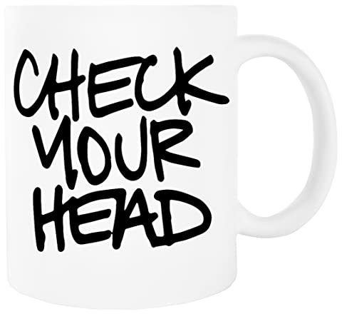 Jinbetee Check Your Head Weißer Becher Keramischer Trinkbecher White Mug Ceraminc Drinking Cup