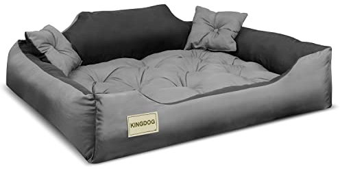 KingDog Hunde- und Katzenbett aus Mikrofaser mit Zwei Kissen Hundekissen Hundekorb Haustierbett Waschbar Wasserdichtes Material (Innenmaße: 60x50cm / Außenmaße: 75x65cm, Grau/schwarz)