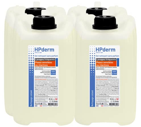 SORIFA - 4er Pack - HPderm Reinigungsgel ohne Parfüm - häufiges Waschen - empfindliche oder reaktive Haut - Hände und Körper - mit schützenden Sojaproteine - pH-neutral, ohne Seife - Kanister 5 l
