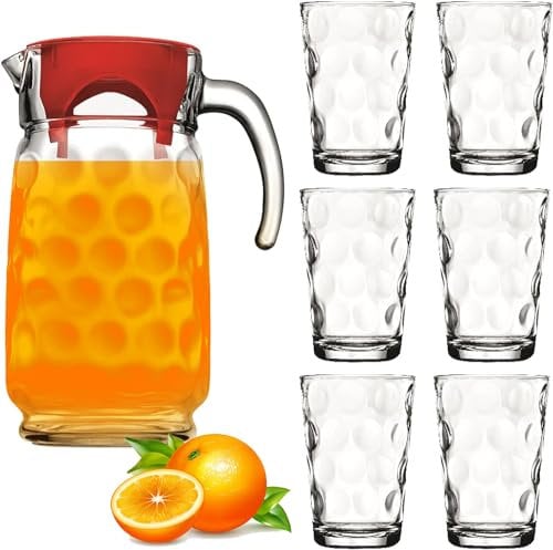 Kitchen Glassware 7 Pack Clear Glass Beverage Space Set with Jug and Lid 1.6 Litre 6 Glasses & 1 Jug with Lid Crystal Clear Diamond Glass Set