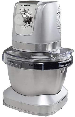 Syntrox Germany Küchenmaschine & Knetmaschine Vindas mit Edelstahl-Behälter, Multifunktionale Knetmaschine, Hochleistungs-Küchenmaschine, 600 Watt, 240 Volt (Silber)