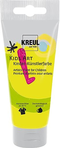 KREUL 43319 - Kids Art pintura para manualidades para niños, pintura escolar a base de agua, amarillo fluorescente 75 ml, color artístico opaco mate para lienzo, papel y cartón, vegano