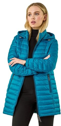 Roman Originals Women Padded Longline Coat with Hood - Ladies Zip Through Autumn Winter Long Length Lightweight Quilted Warm Cosy Everyday Zip Up Casual Jackets Coats - Teal - Size 14