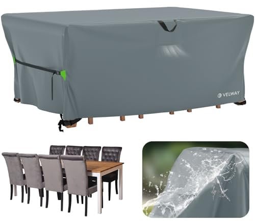 Velway Housse Salon de Jardin Imperméable - Housse Table de Jardin avec Boucles Coupe-Vent Protection pour Tous Les Temps pour Table et Chaise d'extérieur (Gris,242x162x100cm)